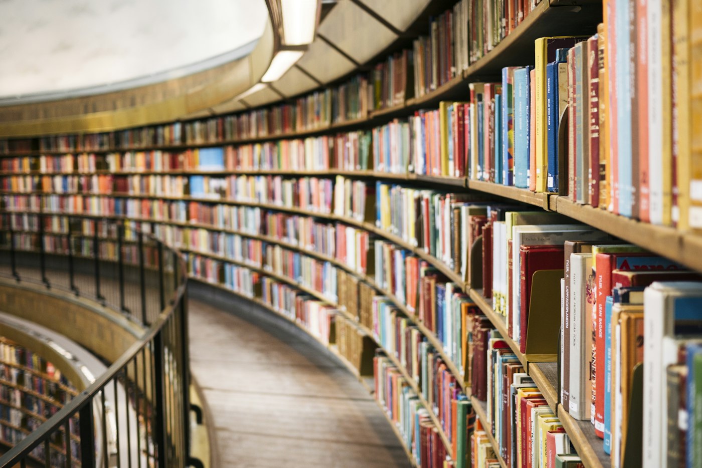 Книжкові полиці в залі з природним світлом